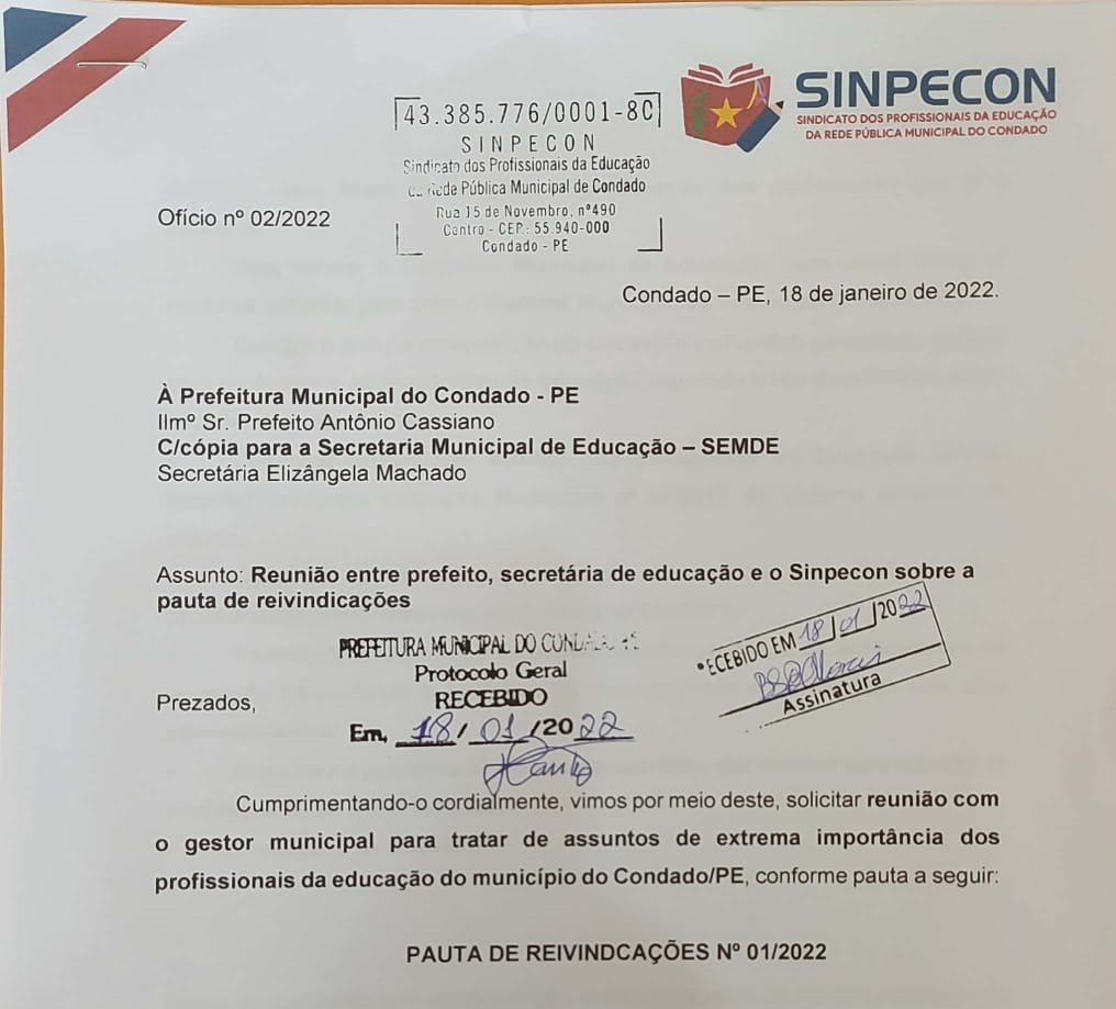 Sinpecon protocola ofício n°02/2022 junto à prefeitura municipal do Condado/ PE