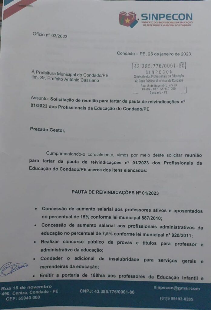 Sinpecon protocola ofício junto à prefeitura municipal do Condado