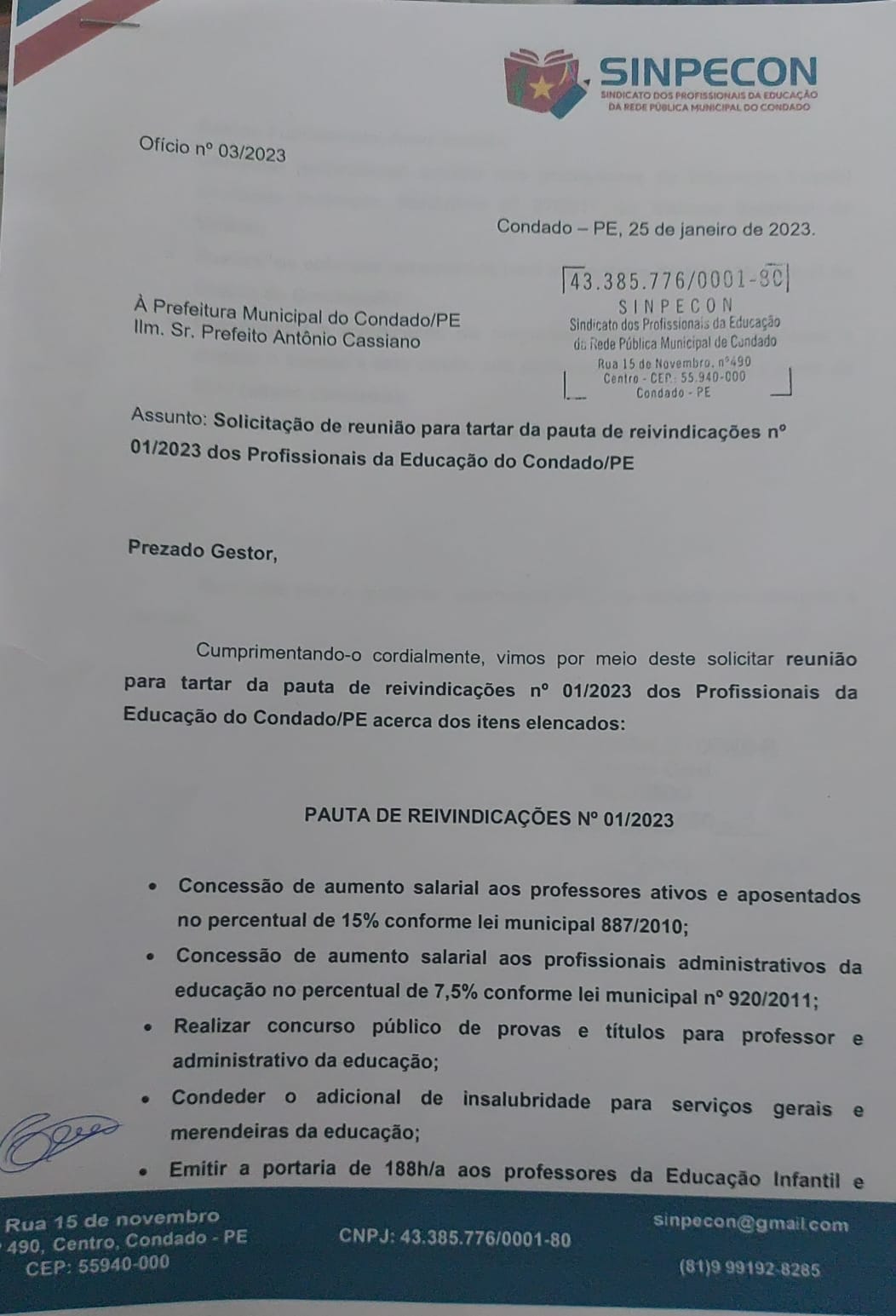 Leia mais sobre o artigo Sinpecon protocola ofício junto à prefeitura municipal do Condado